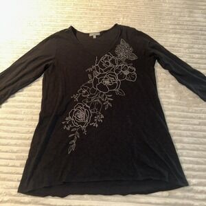 Habitat Womens Tunic Top Black Small Floral Embroidered Lagenlook 3/4 Sleeve